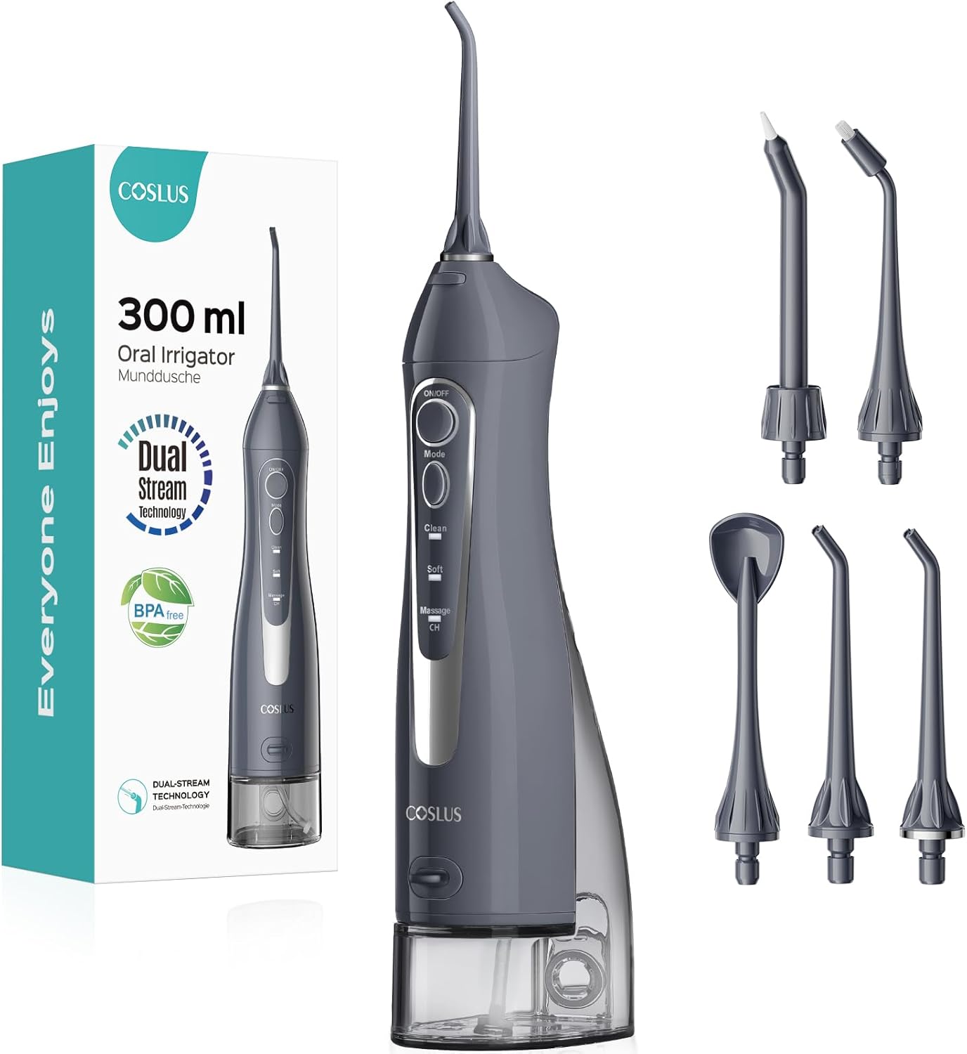 COSLUS Irrigador Dental Portátil – 300ML Flosser Eléctrico Recargable, 3 Modos & 5 Boquillas, Batería de 30 Días, Resistente al Agua IPX7 para Limpieza Dental y Salud de las Encías (Negro)
